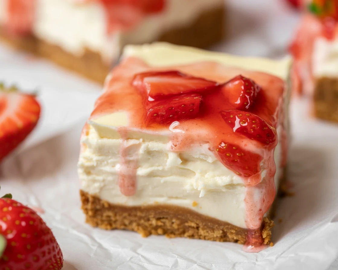 Delicious Strawberry Cheesecake Bars with a graham cracker crust and strawberry topping