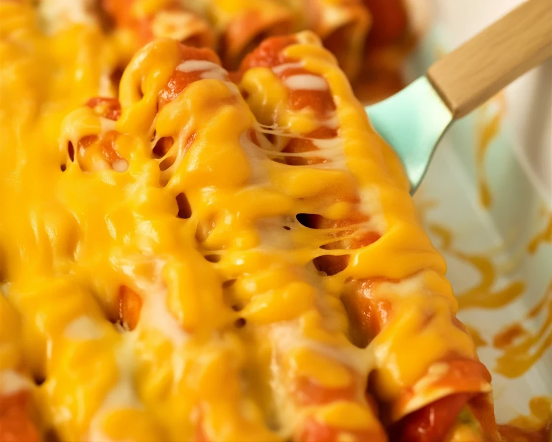 Delicious Lazy Enchiladas with taquitos, enchilada sauce, and melted cheese.