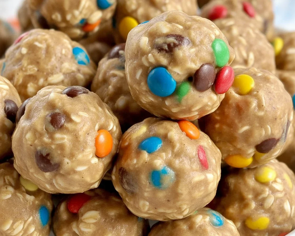 No-bake Monster Cookie Balls made with oats, peanut butter, honey, and M&Ms.