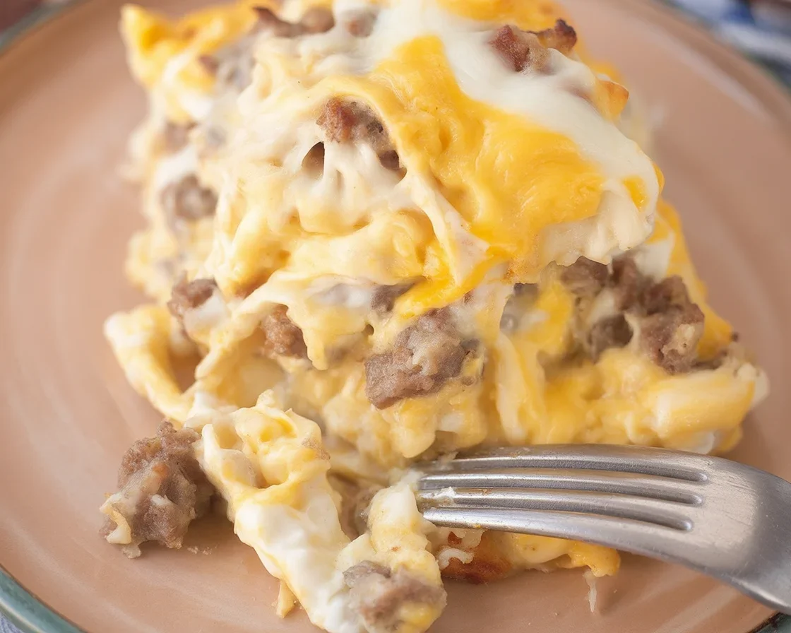 Delicious Biscuits and Gravy Casserole with sausage and cheese, perfect for breakfast.