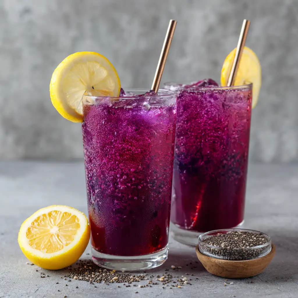 purple fizzy juice serving style