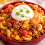 Ground Beef Casserole with vegetables and cheese in a baking dish