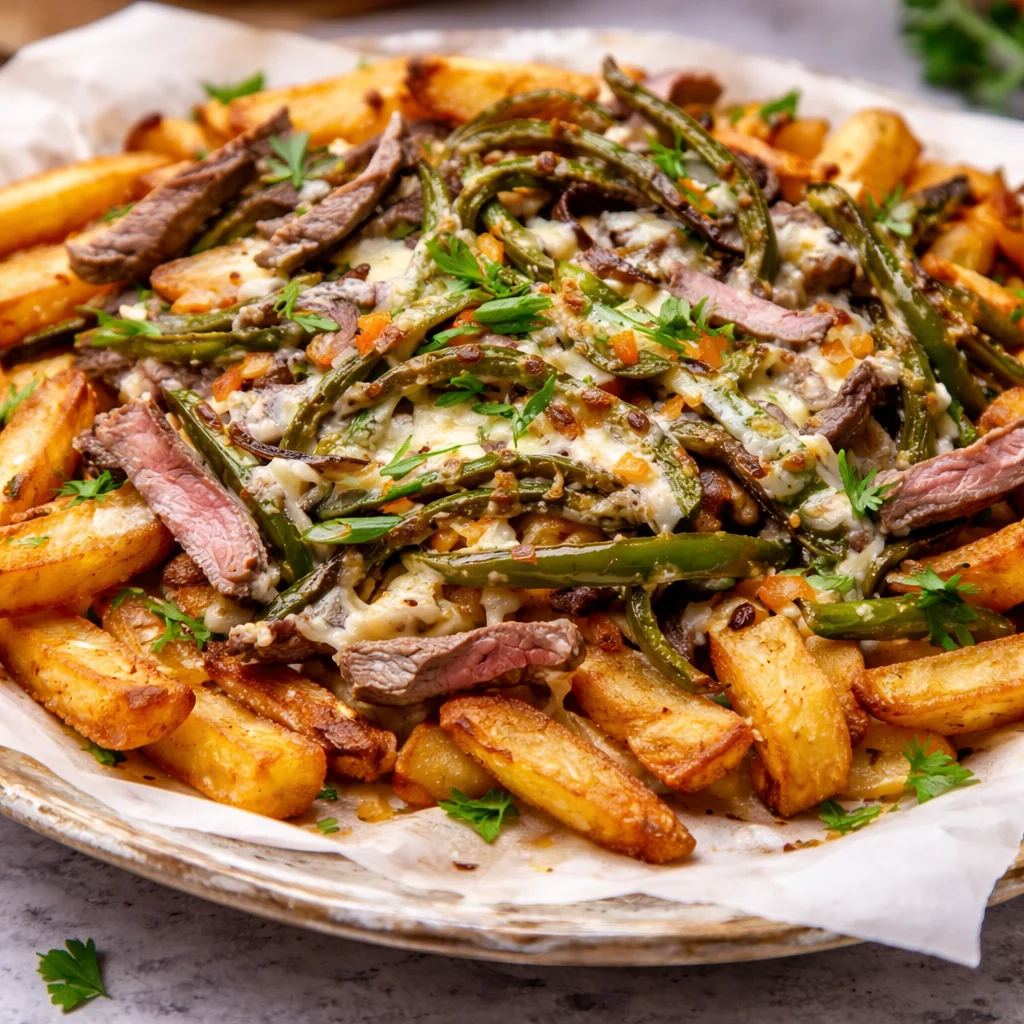 Delicious Philly Steak & Cheese Fries topped with steak, peppers, onions, and cheese.