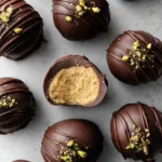 Chocolate Pistachio Peanut Butter Balls with nuts and chocolate coating