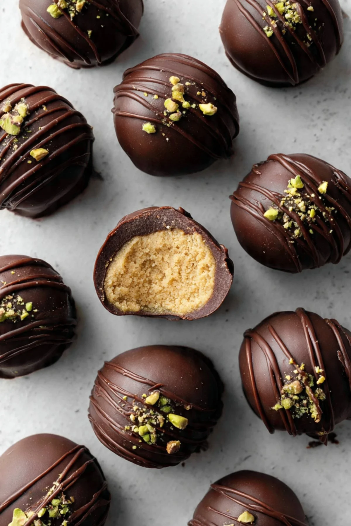 Chocolate Pistachio Peanut Butter Balls with nuts and chocolate coating