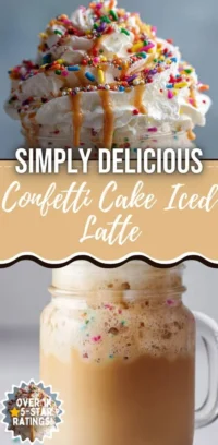 Confetti Cake Iced Latte topped with colorful sprinkles and whipped cream