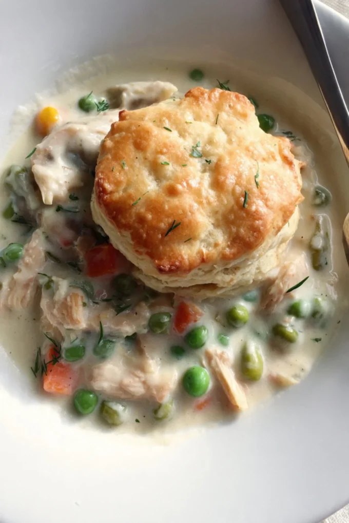 Crockpot Chicken Pot Pie served in a bowl with vegetables and herbs