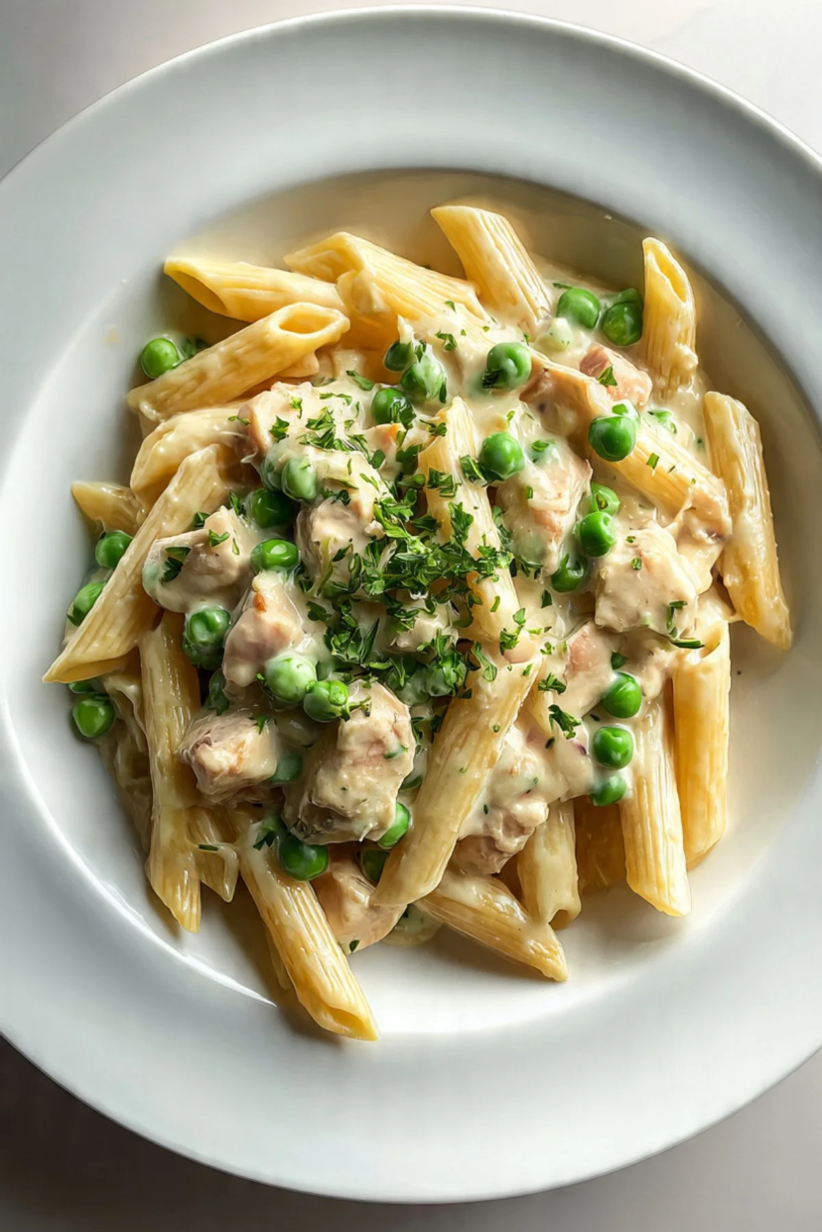 Crockpot creamy chicken pasta dish served in a bowl