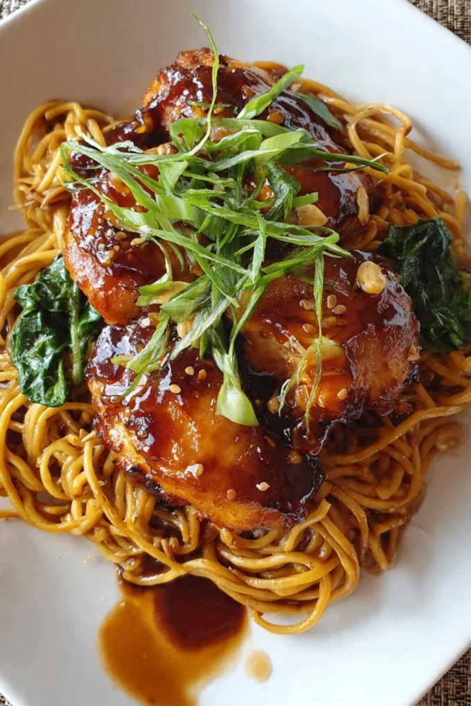 Crockpot Honey Garlic Chicken with noodles served in a bowl