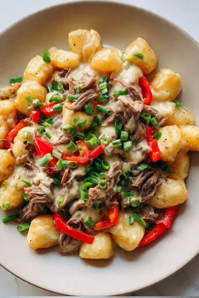 Crockpot Philly cheesesteak potatoes served in a bowl