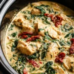 Delicious Crockpot Tuscan Chicken with herbs and sun-dried tomatoes