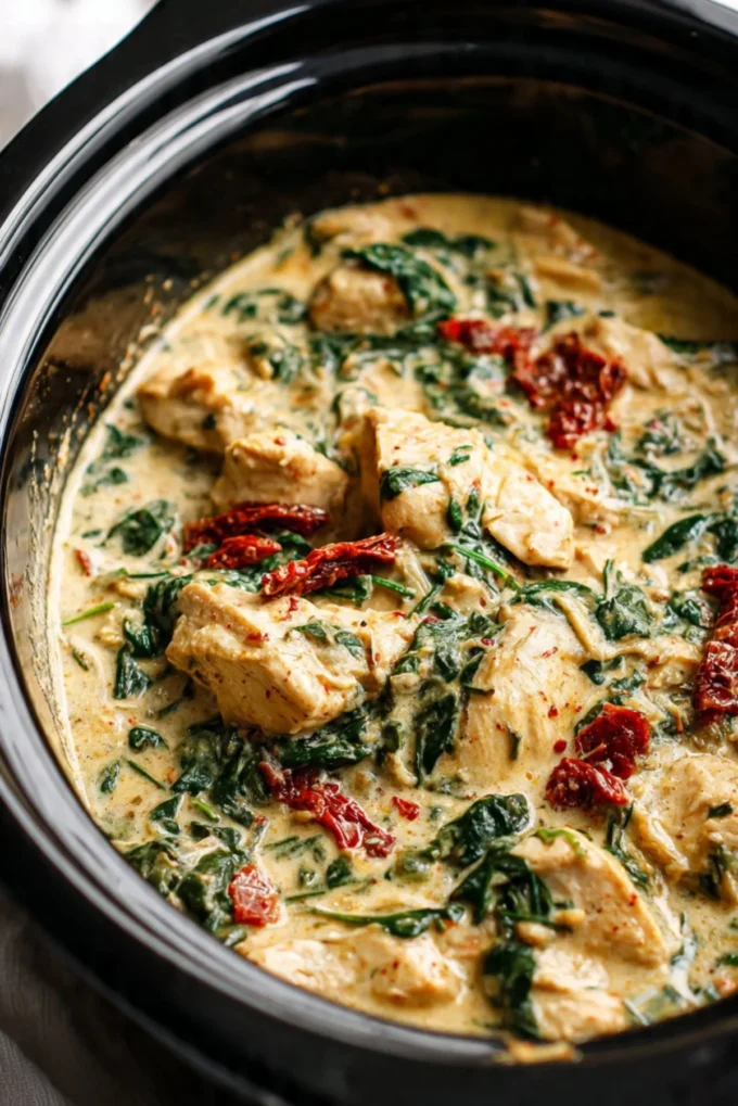 Delicious Crockpot Tuscan Chicken with herbs and sun-dried tomatoes