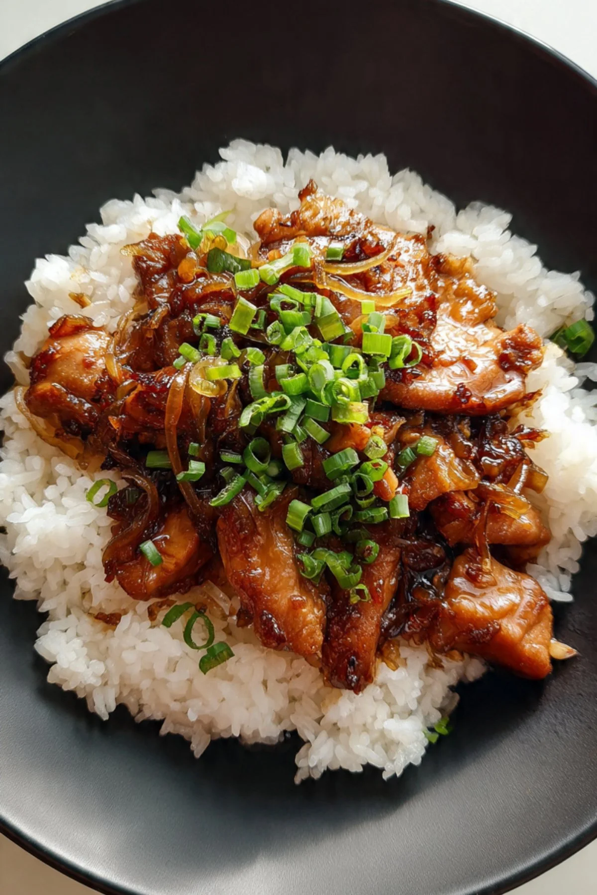 Bowl of Japanese Butadon with pork, rice, and garnishes