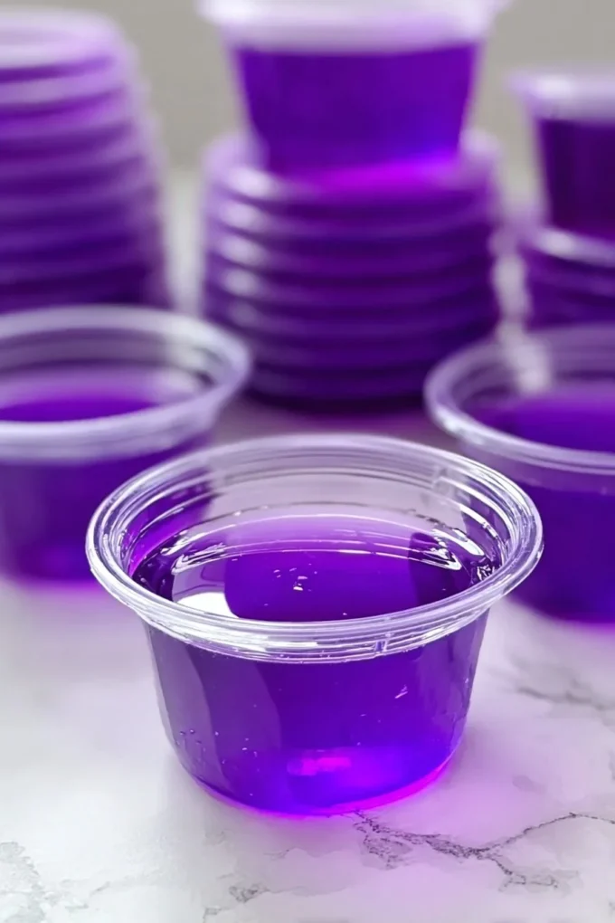 Colorful Purple Hooter jello shots served in clear cups