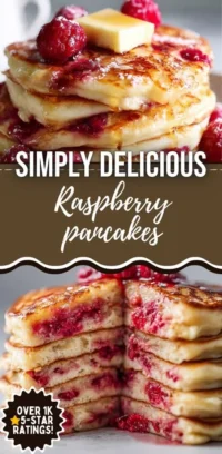 Stack of delicious raspberry pancakes topped with fresh berries and syrup