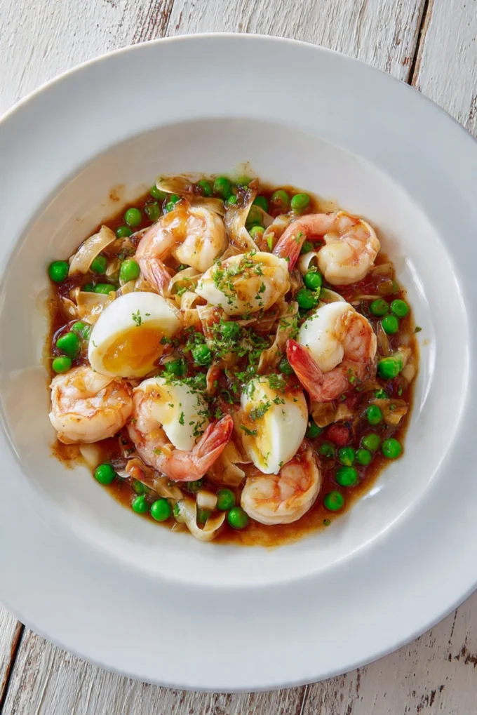 Plate of shrimp with lobster sauce garnished with herbs