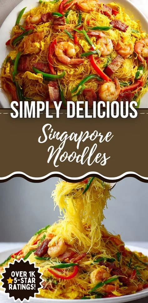 A colorful plate of Singapore Noodles with shrimp and vegetables.