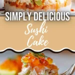 Colorful and delicious sushi cake with toppings and ingredients displayed beautifully.