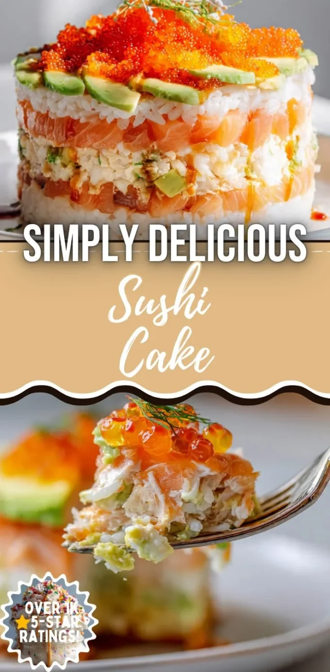 Colorful and delicious sushi cake with toppings and ingredients displayed beautifully.